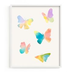 four watercolor butterflies in different colors on a white background, framed in a white frame