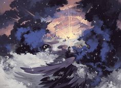 an artistic painting of a woman in the sky with clouds and stars above her head