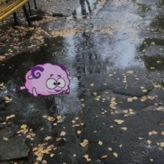 a purple sticker sitting on top of a puddle covered ground next to a park bench