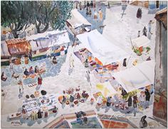 a painting of people walking around in the snow