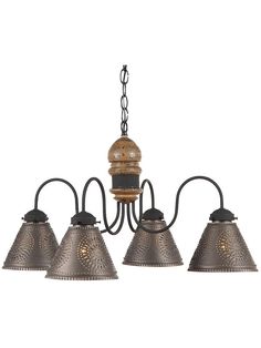 three light chandelier in an antique style with metal shades and wood accents, hanging from