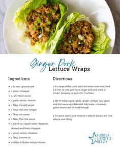 lettuce wraps with ground meat and green onions are on a white plate next to a glass of water