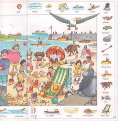 an open children's book with pictures of people on the beach