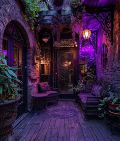 an outdoor room with purple lighting and plants growing on the walls, along with wooden flooring