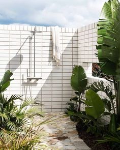 an outdoor shower is surrounded by tropical plants