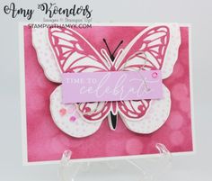 a pink and white card with a butterfly on it's side, saying time to celebrate