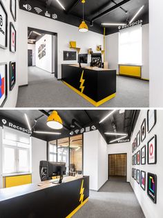 two pictures of an office with black and yellow accents, one showing the reception area