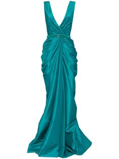 This Saiid Kobeisy dress features draped detailing, a detachable waist belt, a plunging V-neck, concealed rear zip fastening, sleeveless, pleated skirt, and a demi-train floor-length. The dress is crafted from taffeta. Green Pleated Draped Dress, Luxury Fitted Green Draped Skirt, Pleated Sleeveless Pre-draped Evening Dress, Pre-draped Green Draped Evening Dress, Green Asymmetrical Neckline Pre-draped Dress, Saiid Kobeisy, Designer Evening Gowns, Taffeta Dress, City Dress