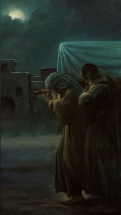 a painting of two people standing in the dark