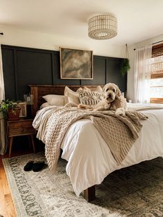 a dog laying on top of a bed in a bedroom