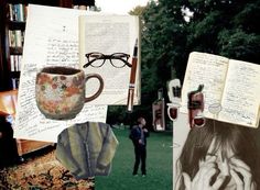 a collage of photos with books, glasses and an open book on the table