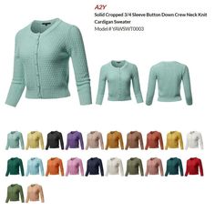 A2Y Women's Solid Cropped 3/4 Sleeve Button Down Crew Neck Knit Cardigan Sweater SIZE Available in 7 sizes: Small, Medium, Large, X-Large,1XL,2XL,3XL MEASUREMENTS (Inches)YAWSWT0003 S - Chest : 34 / Shoulder : 13.25 / Sleeve : 18.25 / Length : 17.75 M - Chest : 36 / Shoulder : 13.5 / Sleeve : 18.5 / Length : 18.75 L - Chest : 38 / Shoulder : 13.75 / Sleeve : 18.75 / Length : 19.5 XL - Chest : 40 / Shoulder : 14 / Sleeve : 18.75 / Length : 19.75 1XL - Chest : 46 / Shoulder : 16 / Sleeve : 18 / Le Knit Cardigan Sweater, Knit Sweater Cardigan, Cardigan Sweater, Knit Cardigan, Sweater Outfits, Sweater Sizes, Sweater Cardigan, Button Downs, Women Accessories