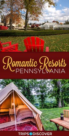 two red chairs sitting next to each other in front of a tent and picnic table