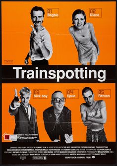 a movie poster for trainspoting with two men pointing at the camera and one woman holding