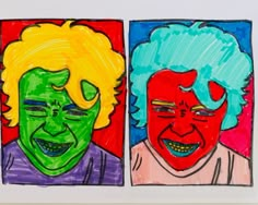 two colored drawings of people with faces painted on them