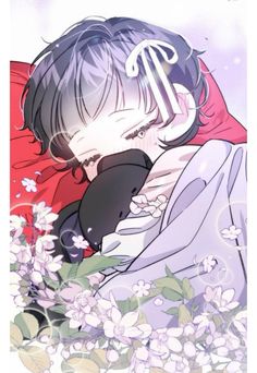 an anime character hugging her face with flowers in the background