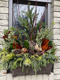 Rustic Xmas Decorations, Winter Planter Boxes, Winter Outdoor Decor, Winter Window Boxes, Christmas Window Boxes, Porch Pots, Winter Planters, Christmas Urns, Winter Floral Arrangements