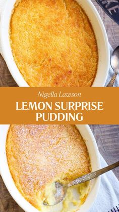 lemon surprise pudding in a white dish with a spoon on the side and text overlay