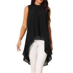 This women's trendy fashion sleeveless comfy blouse is a nice choice for the coming season. Perfect for both day and evening occasions, these blouses add a touch of elegance and style to any wardrobe. Tie-back and asymmetrical hem details add a bit of charm. Wearing this elegant look and ruffle hem flowy blouse with jeans, denim shorts, leggings, sneakers, sandals, or heels to complete a casual look. Chic Black Tank Top With Asymmetrical Hem, Black Flowy Sleeveless Top, Black Asymmetrical T-shirt For Spring, Black Summer T-shirt With Asymmetrical Hem, Summer Cotton T-shirt With Asymmetrical Hem, Comfy Blouse, Sleeveless Mock Neck, Sleeveless Tunic Tops, Plaid Shirt Women