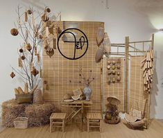 a bamboo room with various items on the floor