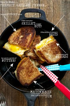 an iron skillet with grilled cheese on it and instructions for how to make the best grilled cheese sandwich