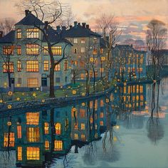 a painting of a city at night with lights on the windows and reflecting in the water