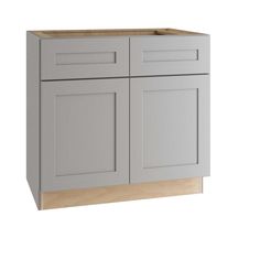 a white kitchen cabinet with two doors and one drawer on the left side, in front of a white background