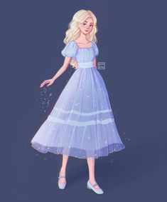 a drawing of a woman in a blue dress with stars on the skirt and shoes