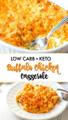 low carb and keto buffalo chicken casserole in a white dish