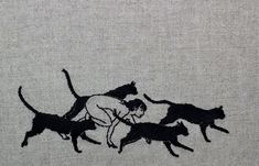 a black and white drawing of three cats chasing a man