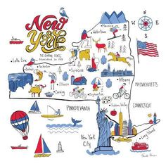 an illustrated map of new york with all the attractions