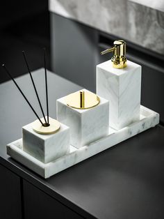 Volakos White Natural Marble Bathroom Accessories Set Luxury Storage Container Tissue Box Toothbrush White Soap Dispenser, Marble Bathroom Accessories, Counter Clutter, White Soap, Bad Set, Luxury Storage, White Tray, Bathroom Accessories Sets, Black And White Marble