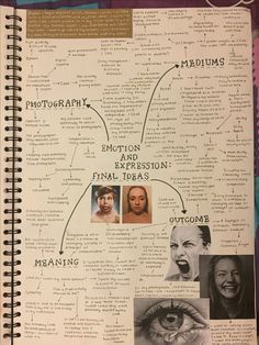 a spiral notebook with pictures and words on it, including an image of the human eye