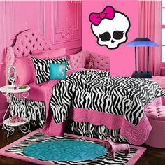 a bedroom with pink walls and zebra print bedding