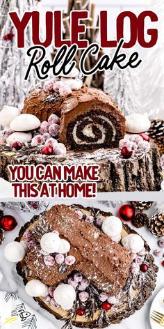 two pictures with the words yule log roll cake on them and an image of a slice