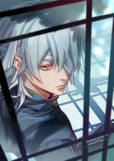 an anime character with white hair and blue eyes looking out from behind a caged area