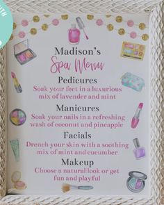 a sign that says madison's spa menu with pictures of cosmetics and makeup products