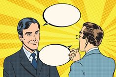 two men are talking to each other with speech bubbles above their heads in pop art style