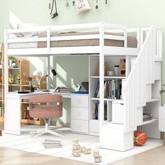 a white loft bed with desk underneath it