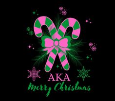 a black background with pink and green candy canes, snowflakes and the words aka merry christmas