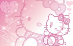 a pink hello kitty wallpaper with hearts in the background and an image of a cat