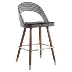 an upholstered bar stool with wooden legs and a black seat pad on the back