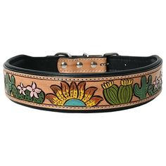 a leather dog collar with flowers and cacti on the front, in tan