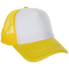 a yellow and white trucker hat with mesh on the front, one side is shown