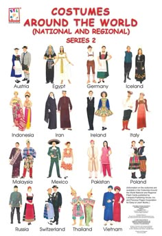 an advertisement for costumes around the world, including men's and women's clothing