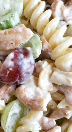 pasta salad with grapes and chicken in it