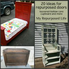 several pictures with different types of furniture and words that say, 20 ideas for repurposed doors