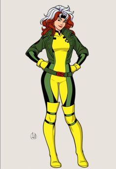 a woman in yellow and green costume standing with her hands on her hips, looking like she