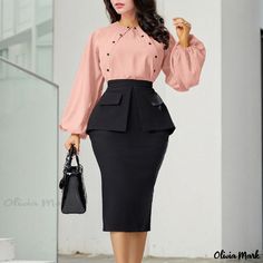 Olivia Mark - Elegant Long-Sleeve Set with Flared Skirt Nurse Uniforms, Elegant Skirt, Flared Skirt, Two Piece Outfit, Olivia Mark, Flare Skirt, Dance Wear, Dusty Pink, Sleeve Type