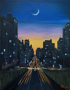 an oil painting of a city street at night with the moon in the sky above